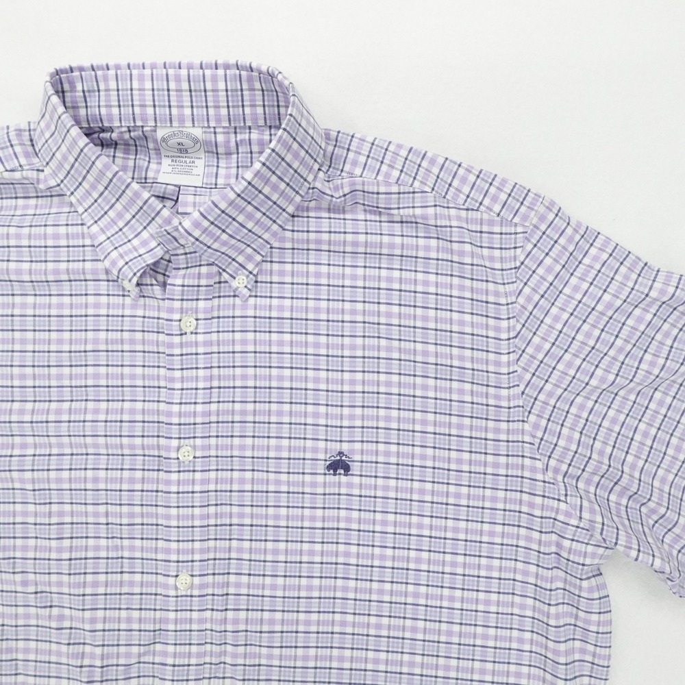 Brooks Brothers‎ Shirt Mens XL Purple Plaid Non Iron Stretch 1818 Dress